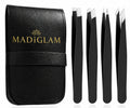 MadiGlam Professional Tweezers Set – 4-Piece Stainless Steel with Case